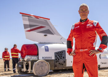 Wing commander Andy Green with the Bloodhound land speed record car