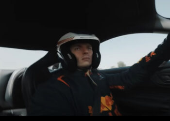 Max Verstappen driving the Ford Mustang Dark Horse
