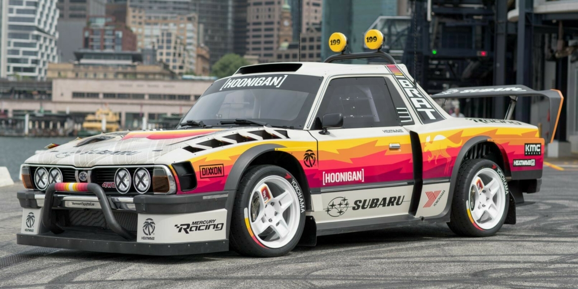 Travis Pastrana's Hoonigan-built 1978 Subaru Brat at Circular Quay Harbour Lookout.