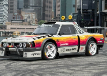 Travis Pastrana's Hoonigan-built 1978 Subaru Brat at Circular Quay Harbour Lookout.
