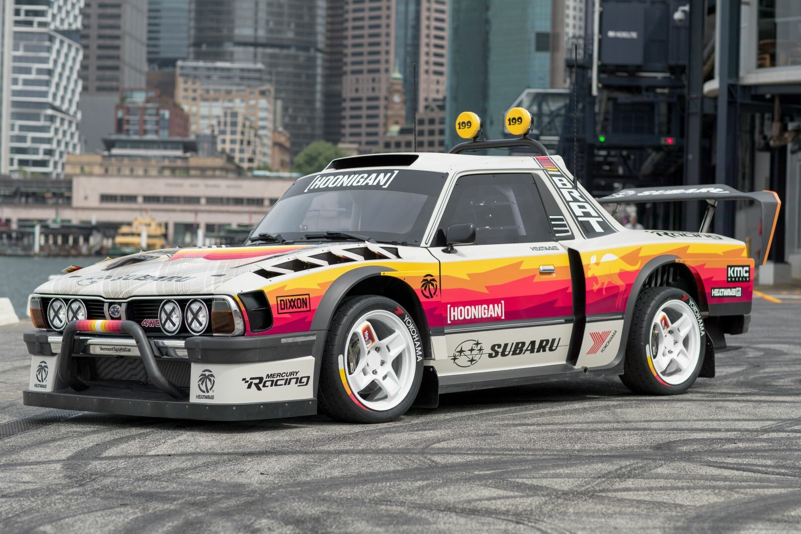 Travis Pastrana's Hoonigan-built 1978 Subaru Brat at Circular Quay Harbour Lookout.
