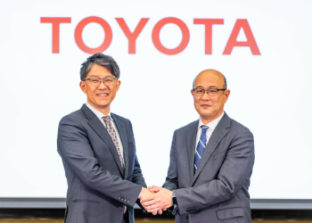 Outgoing Toyota CEO Koji Sato (left) with incoming CEO Kenta Kon (right)