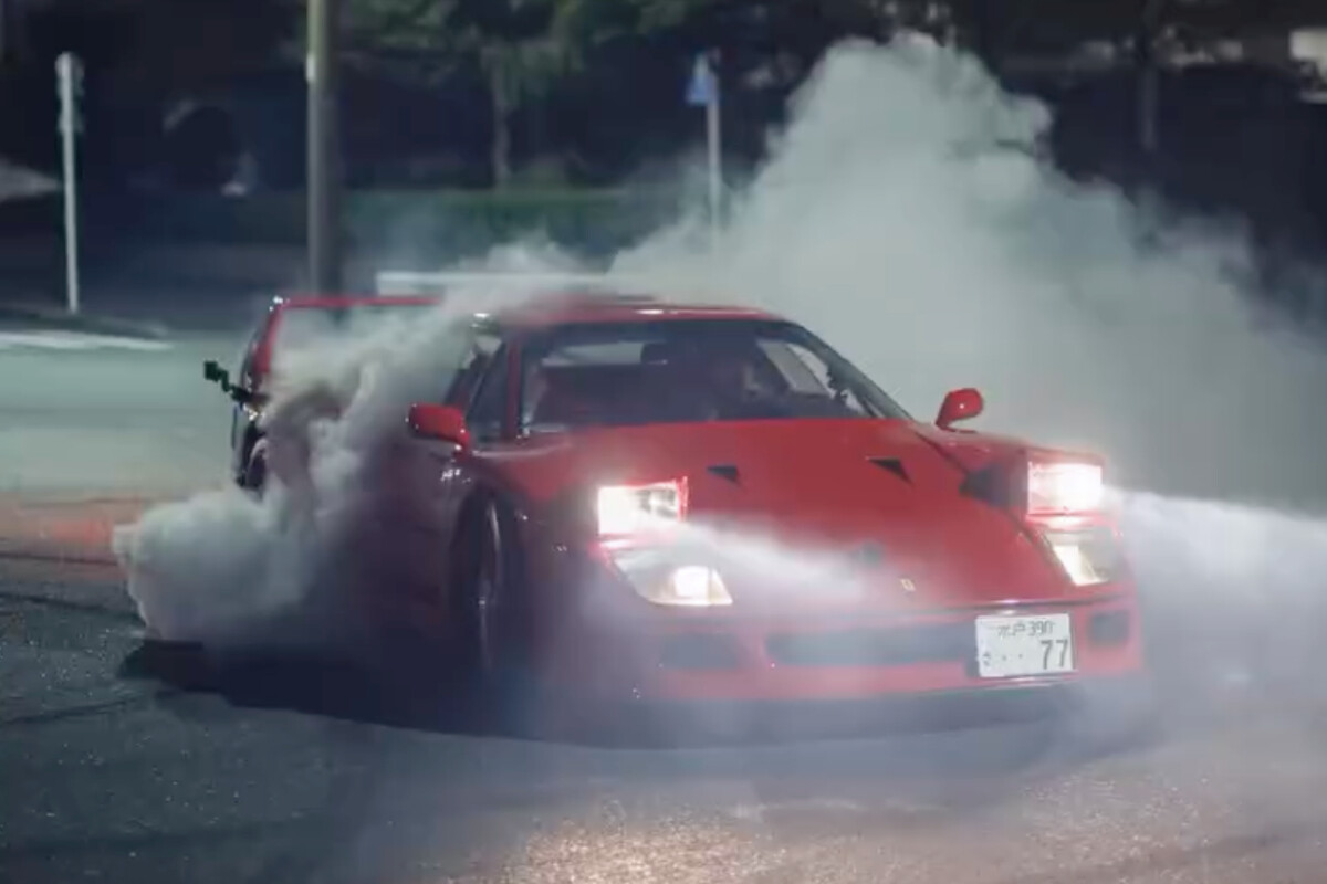 Lewis Hamilton performing donuts in a Ferrari F40 with Kim Kardashian
